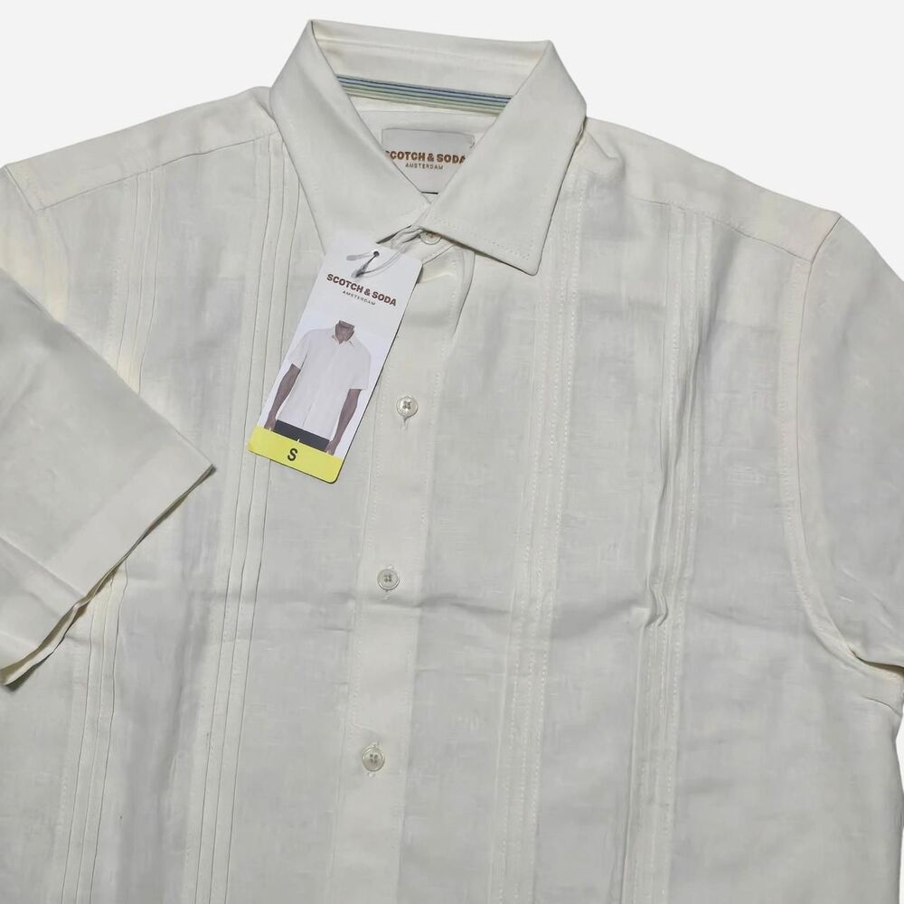 NWT - SCOTCH & SODA Men's Small Linen-Blend Pintuck Guayabera Off White Button U